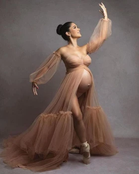 18034 #Тюлевое платье для беременных с образцом шампанского, съемные рукава без бретелек, Длинный шлейф с рюшами, фотографическое платье для беременных женщин