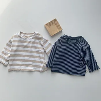 2023 Весенне-осенняя рубашка для маленьких мальчиков, хлопковые полосатые Свободные Мягкие топы, пуловеры, простые нижние рубашки, топы для маленьких мальчиков