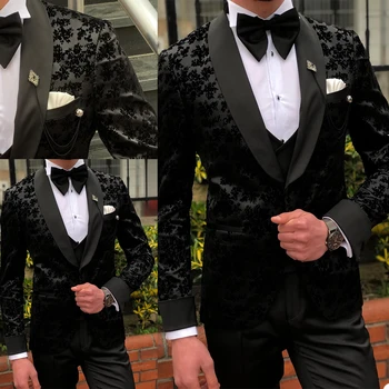 3 Предмета, черные мужские костюмы, Свадебные смокинги, Сшитый на Заказ кружевной костюм жениха, мужская деловая официальная одежда