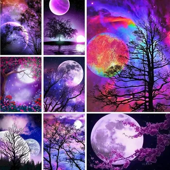 5D DIY Алмазная картина 2023 Фиолетовая Луна и Пейзаж с деревьями, Полная Квадратная/ круглая Вышивка, Мозаичный пейзаж, Наклейка на стену, Подарок