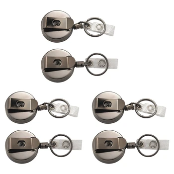 6 Упаковок Выдвижной катушки для бейджа, металлический держатель для бейджа ID С зажимом для ремня, Кольцо для ключей для именной карточки, брелок для ключей, черный