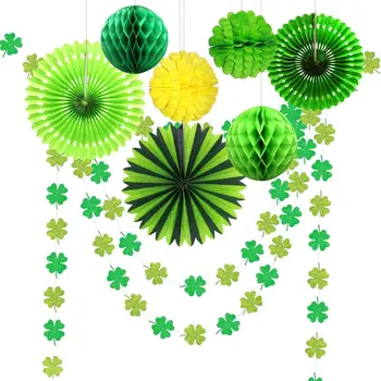 9шт Ирландские украшения для вечеринки в честь Дня Святого Патрика, Зеленые листья, Трилистник, Клеверные Гирлянды, Подвесной Серпантин, Бумажные Помпоны, Веерный Цветочный Декор