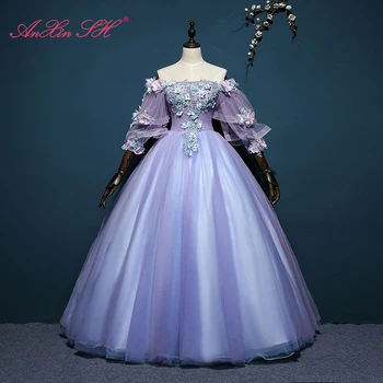 AnXin SH принцесса, фиолетовое кружево, вырез лодочкой, расклешенный рукав, бисероплетение, кристалл, винтажная сцена, фиолетовое бальное платье невесты, вечернее платье с цветочным рисунком
