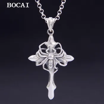 BOCAI New S925 Из стерлингового серебра, Винтажный Модный Универсальный кулон в виде креста в виде Паука, Мужской подарок