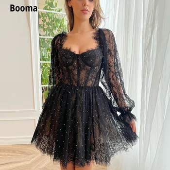 Booma/ Черные кружевные мини-платья для выпускного вечера, Милые стразы, Вечерние платья трапециевидной формы, прозрачные платья для вечеринок с длинными рукавами выше колена