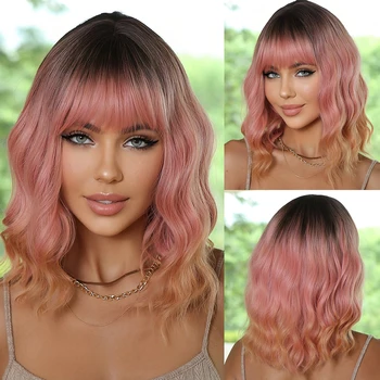 Craftourist Синтетический пастельный волнистый парик с челкой, женский Короткий розовый парик, ролевая игра, подходит для девочек, парик для повседневного использования