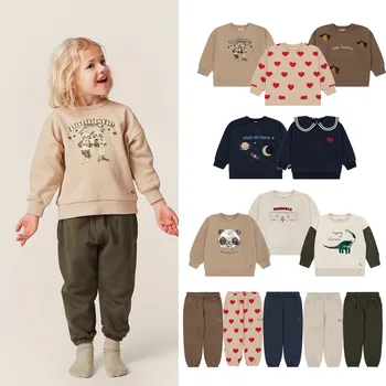 Konges Slojd/ Осенний комплект хлопчатобумажных свитшотов для маленьких мальчиков, детская одежда, пуловер с динозавром и пандой из мультфильма для девочек, детский лимонный топ, брюки