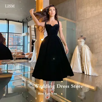 LISM 2024 Простые черные велюровые вечерние платья на бретелях, короткие платья для выпускного вечера, платья для особых случаев длиной до чая, Плюс размер