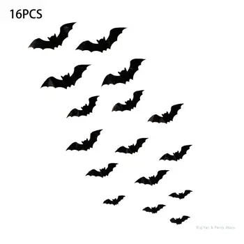 M17F 16 штук черных жутких наклеек с летучей мышью, настенных декоративных наклеек на Хэллоуин