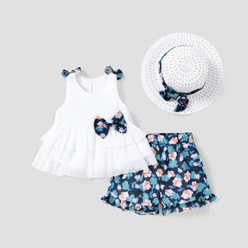 PatPat Комплект из 3шт шляпы с бантом для маленьких девочек, многослойной майки с оборками и шорт с цветочным принтом