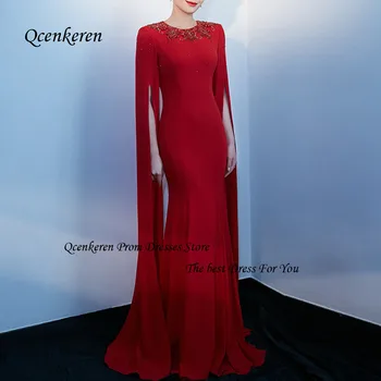 Qcenkern Красное выпускное платье с круглым вырезом, аппликации, Креповое вечернее платье 