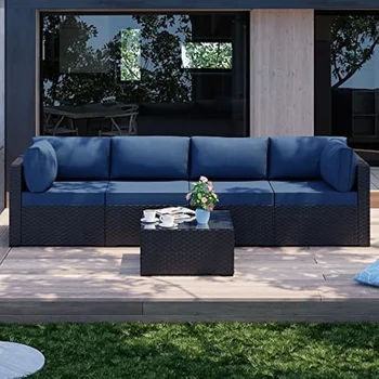 Shintenchi, 5 предметов, секционный диван для патио на открытом воздухе, наборы плетеной мебели из черного полиэтилена, Наборы для разговоров во внутреннем дворике, которые можно стирать