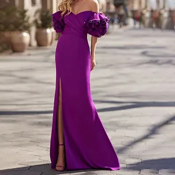 Атласное платье-русалка с открытыми плечами, пышные рукава в виде сердца, драпированный шлейф с боковым разрезом, вечернее платье для выпускного вечера, платье