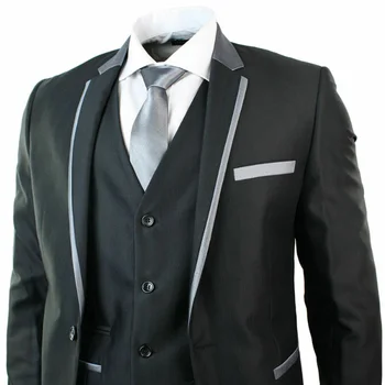 Блестящие черные мужские костюмы из 3 частей, костюм на 1 пуговице, Homme С серой отделкой, приталенный костюм для свадебной вечеринки, выпускного вечера