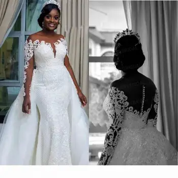 Большие размеры, кружевные аппликации с драгоценными камнями на шее, съемная юбка со шлейфом, свадебное платье 