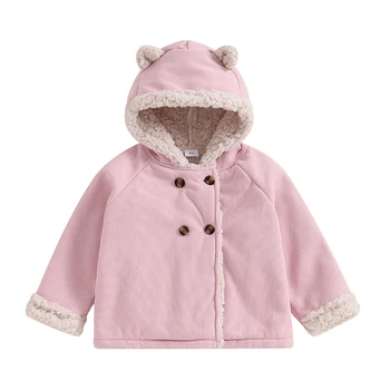 Вельветовая куртка для маленьких девочек с длинным рукавом и капюшоном на пуговицах, Теплая Зимняя верхняя одежда из пушистой ткани