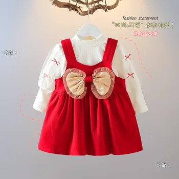 Весеннее хлопчатобумажное платье в корейском стиле с длинным рукавом и бантом, шелковые детские мини-платья с цветочным рисунком и милым карманом, 2023 г.