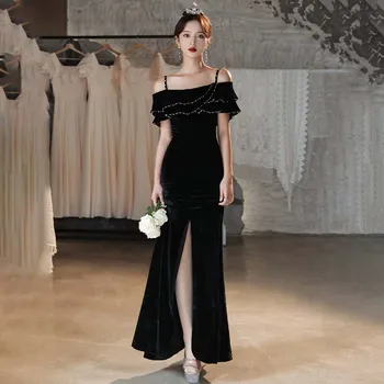 Вечернее платье, черное, с вырезом лодочкой, простое, длиной до пола, Русалка, с короткими рукавами, Элегантное, велюровое, большие размеры, Женские вечерние платья A2563