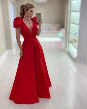 Винтажные красные женские вечерние платья, сексуальные выпускные платья с глубоким V-образным вырезом, очаровательные вечерние платья знаменитостей без рукавов с цветочными аппликациями.