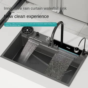 Встроенная кухонная раковина Fly Rain с водопадом, технология Honeycomb, большой цифровой дисплей, дозатор мыла из нержавеющей стали, мойка для чашек