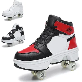 Детская деформационная обувь для роликовых коньков, спортивная обувь для паркура, 4 колеса, двухрядные роликовые коньки, кроссовки для девочек и мальчиков