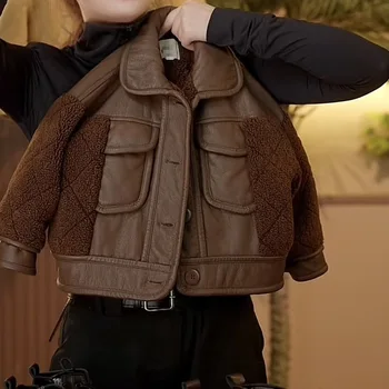 Детская куртка с хлопчатобумажной подкладкой, меховая зимняя детская плюс бархатная куртка, утолщенная теплая кожаная куртка с хлопчатобумажной подкладкой.
