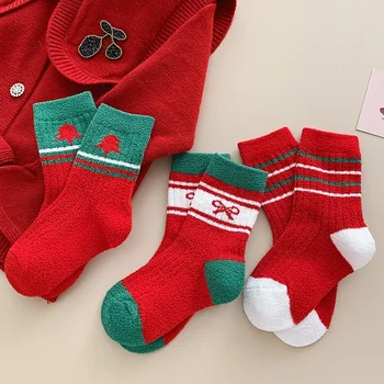 Детские бархатные носки кораллового цвета, осень-зима, толстые теплые носки-трубочки, милые рождественские носки для маленьких девочек, новогодние красные носки