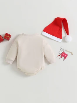 Детский наряд на рождественскую тематику, очаровательный комбинезон с длинными рукавами и праздничным принтом лося и шляпка в тон, идеально подходящая для мальчиков и девочек -