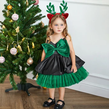 Детское рождественское платье с бантом для девочек, фатиновая пачка для новорожденных, платья принцессы на день рождения, зеленый рождественский костюм для малышей, одежда для маленьких девочек