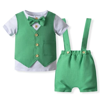 Джентльменский комплект для мальчика, футболка с короткими рукавами и пуговицами, шорты на подтяжках и жилетка