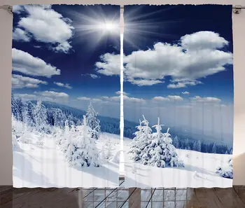 Заснеженные деревья и пушистые облака, Идиллические зимние шторы для украшения гостиной, Оконные шторы для кухни, современный пейзаж
