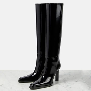 Зеркальные лакированные длинные пинетки, женские слипоны до колена, черные блестящие туфли с острым носком На маленьком массивном каблуке, уникальный дизайн