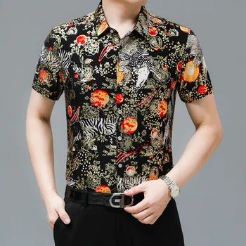 Золотая рубашка с цветочным принтом для мужчин, Летние повседневные рубашки с коротким рукавом 2023, топы, уличная одежда для светских вечеринок, мужская одежда