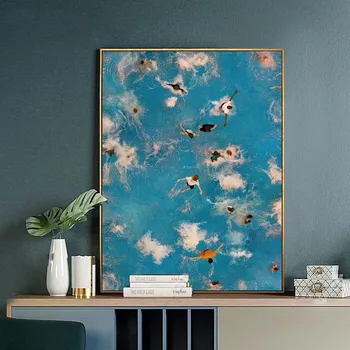 Картина на холсте с персонажами, Летняя аэрофотосъемка бассейна, вечеринка, настенные принты в скандинавском синем цвете, плакаты, декор комнаты с картинками
