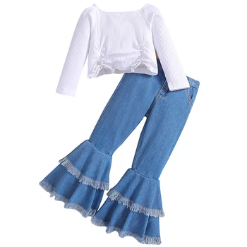 Комплект из 2 предметов Весенней Роскошной Детской Одежды Для Девочек, Корейские Модные Белые Хлопковые Детские Топы + Расклешенные Джинсы, Детская Одежда BC828