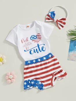 Комплект одежды для новорожденных 4 июля для маленьких девочек, повседневный комбинезон с короткими рукавами и надписями, Шорты с рюшами, флаг, повязка на голову (белый)