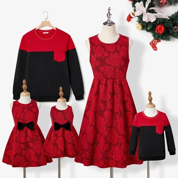 Комплекты топов PatPat для рождественской семьи с цветными блоками и платьями с рисунком розы