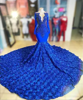 Королевское Синее Африканское Длинное Вечернее Вечернее Платье С Роскошным Хрустальным 3D Розовым Шлейфом В День Рождения С Длинным Рукавом Для Выпускного Вечера 2024 vestidos de gala