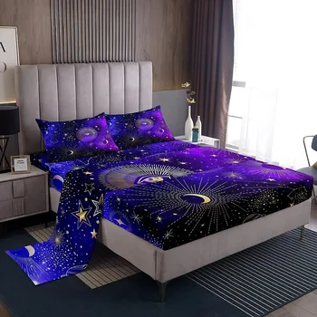 Космический Комплект Постельного Белья Twin Size Galaxy Moon Stars Planet Beddrom Decor Комплект Постельного Белья для Детей Мальчиков И Девочек 4шт, Фиолетовый