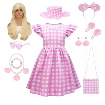 Костюм Барби из фильма 2023 года для девочек, детский косплей, Розовая клетчатая одежда Барби, униформа, костюмы для Хэллоуина, карнавала, вечеринки по случаю дня рождения.