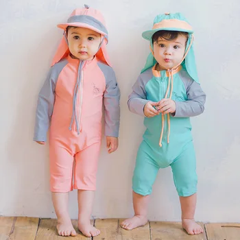 Купальники с длинными рукавами для маленьких мальчиков и девочек, костюм для серфинга с рогом динозавра, Солнцезащитная шляпа, Быстросохнущая одежда, Контрастный цветной купальник для младенцев