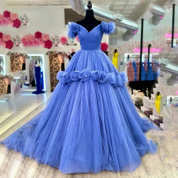 Лилейно-голубое Тюлевое Вечернее платье с V-образным вырезом, Очаровательное платье для выпускного вечера Трапециевидной формы с 3D Цветами, Вечернее платье с открытыми плечами, vestidos de noche