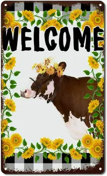 Металлические знаки приветствия крупного рогатого скота на ферме в виде венка из подсолнуха, Серый плед в виде Буйвола, Коровье животное, Желтая Металлическая табличка с цветочным рисунком, Знак Фермера