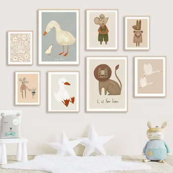 Милый кролик, птица, гуси, леопард, собака, настенное искусство, холст, живопись, плакаты на скандинавскую тему и принты, картинки для декора детской комнаты