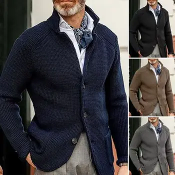 Модный Новый мужской повседневный однотонный кардиган с длинными рукавами, свитер