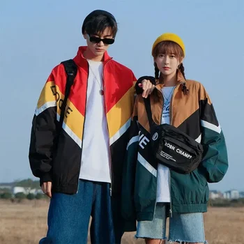 Мужские куртки-бомберы в стиле хип-хоп, ветровка, ретро Повседневная уличная одежда, пальто в стиле пэчворк с буквенным принтом, мужская куртка Harajuku