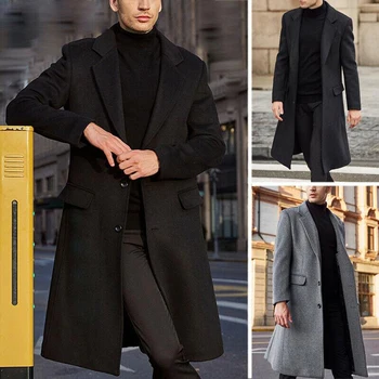 Мужское свободное пальто в корейском стиле, повседневное однобортное пальто, Осенне-зимняя мода, Новое шерстяное длинное пальто с длинным рукавом, Новинка 2023 года