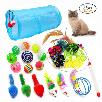 Набор игрушек для кошек из 25 предметов Складной Туннель для котенка в помещении Интерактивная палочка-дразнилка Мыши Мячик Канал для развлечения домашних животных Мячик-Кринкл Принадлежности для кошек