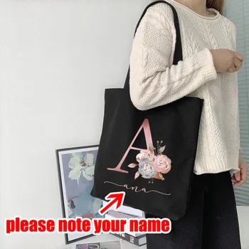 Настройте название, женская холщовая сумка через плечо, розовая цветочная сумочка с буквами, женская повседневная сумка-тоут, многоразовая сумка для покупок большой емкости.