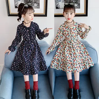 Новое весенне-осеннее платье для маленьких девочек, детское милое платье с длинными рукавами и цветочным принтом, детское школьное праздничное платье принцессы